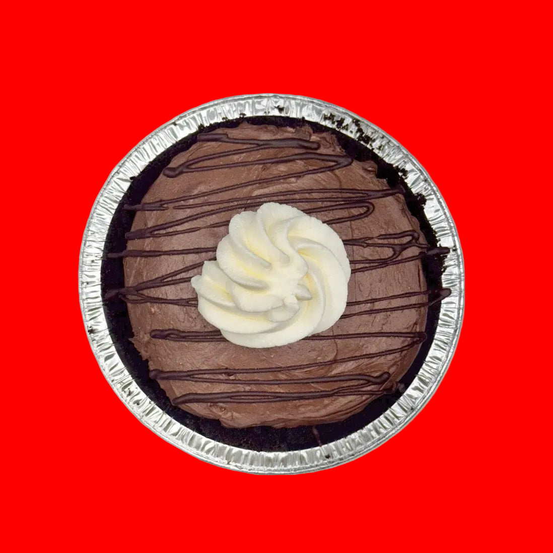 Chocolate pie with a swirl of whipped cream on a white background