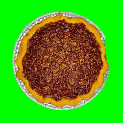 a pecan pie on an orange background